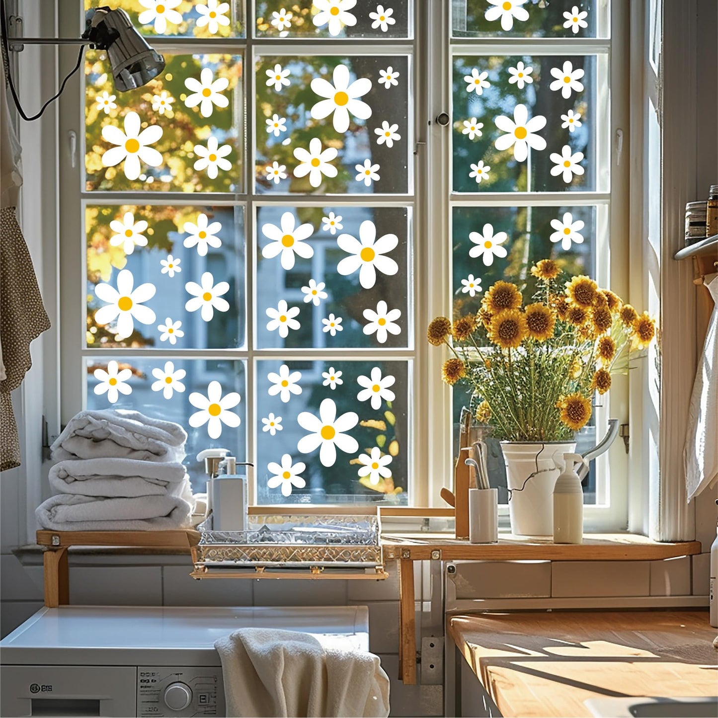 AOWDIAO 108 Pcs White Daisy Window Clings - 9 Sheets, Double-Sided Flower Glass Stickers - Summer & Spring Decorations for Home, Office, School
