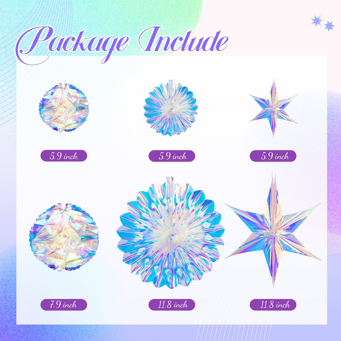 BTSD-home Iridescent Party Decorations, Hanging Honeycomb Balls, Paper Fans & 3D Star Ornaments, Holographic Ceiling Decor for Birthday, Wedding, Baby Shower, Christmas, Disco & Euphoria Theme Parties