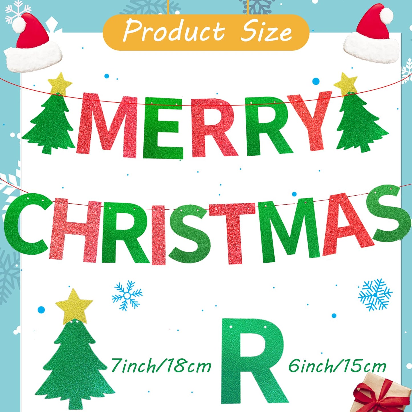 Merry Christmas Party Banner, Glitter Red and Green Letter Garland with Christmas Tree Cutouts, Fun Wall Hanging Decoration for Holiday Office Home Party Supplies, and Xmas Festival Decor
