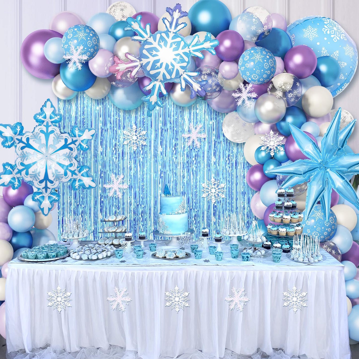 Amandir 162PCS Snow Birthday Party Supplies, Snow Balloon Garland Arch Kit Fringe Curtain Blue Purple Snowflake Confetti Balloons Princess Winter Wonderland Girl Baby Party Decorations