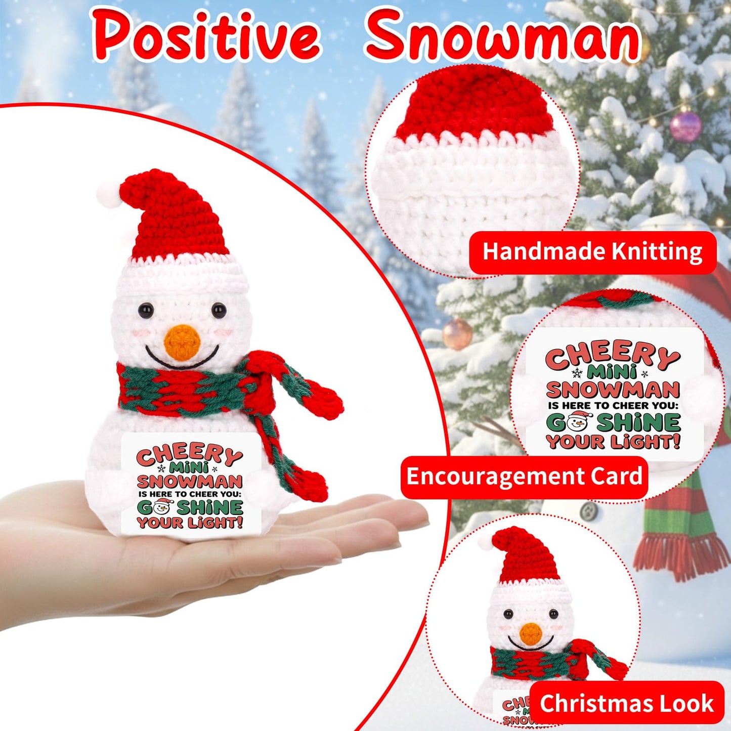 FunisFun Positive Snowman Crochet Doll, Adorable Snowman Christmas Decorations for Xmas Tree Party Favor Holiday Gift (Red)