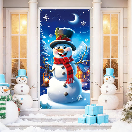 LOAVER Christmas Door Cover Snowman Decoration,Large Snowman Door Hanging Backdrop for Winter Party Christmas Indoor Outdoor Banner Holiday Decoration,70.8 x 35.4 Inch