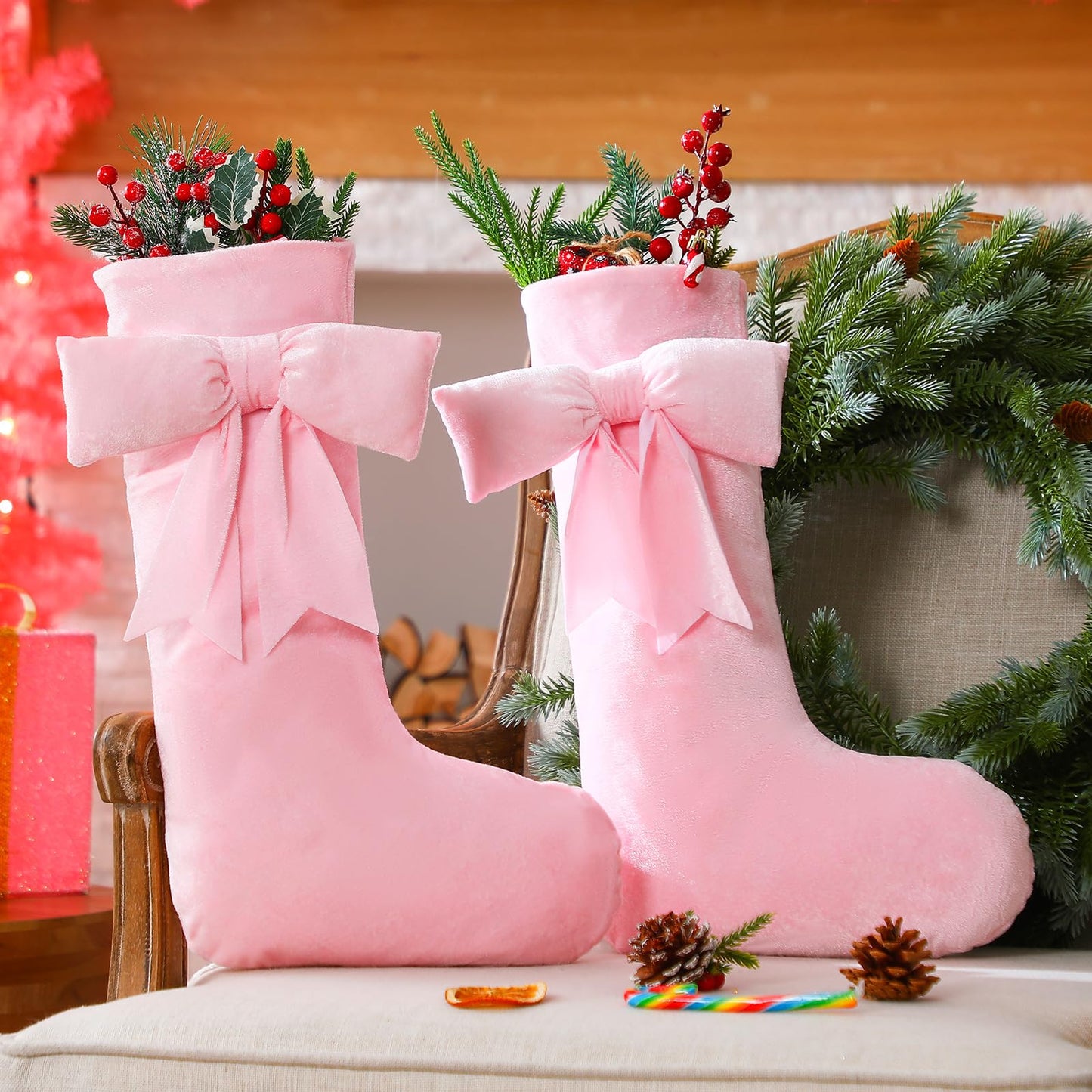 JellyArch 4 Pack 18 Inch Pink Velvet Christmas Stockings Large Coquette Bow Faux Fur Stockings Christmas Hanging Decoration Candy Gift Bags for Xmas Tree Fireplace Holiday Party Decor(Cute Style)