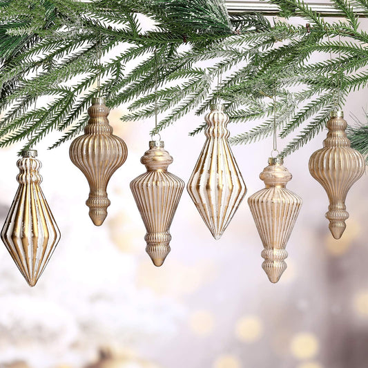 PullCrease 6 Pcs 5.7 inch Mercury Glass Finial Christmas Ornament Rustic Finial Vintage Ornaments Xmas Glass Mercury Hanging Decor Christmas Tree Decoration for Holiday Farmhouse(Neutral Colors)