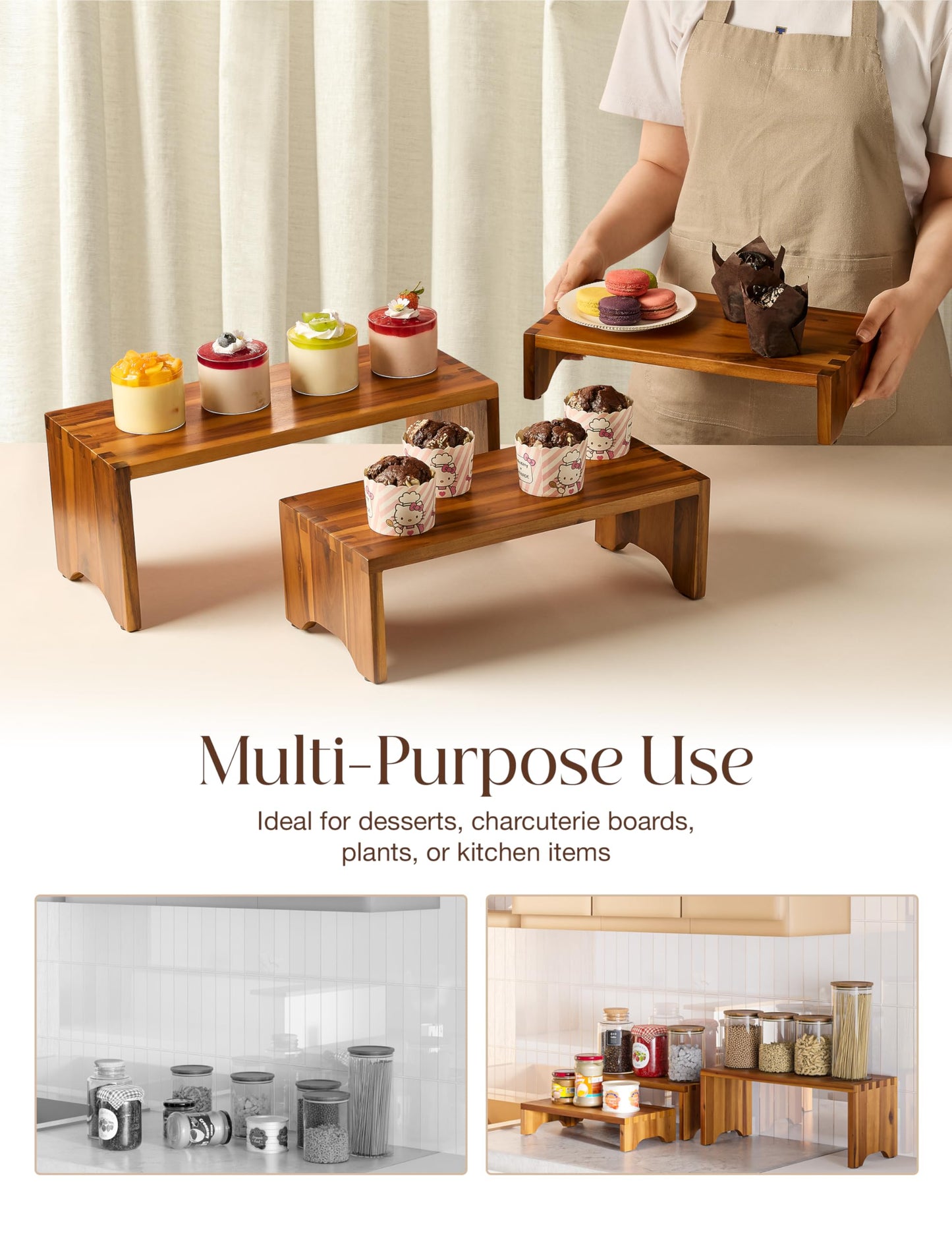 Tidita Acacia Wood Risers Display Stands Set of 3 - Wooden 3 Tier Cupcake Stand - 3 Tiered Riser for Vendors - Decorative Display Risers for Food Desserts Stand, Perfume, Funko POP at Party Wedding