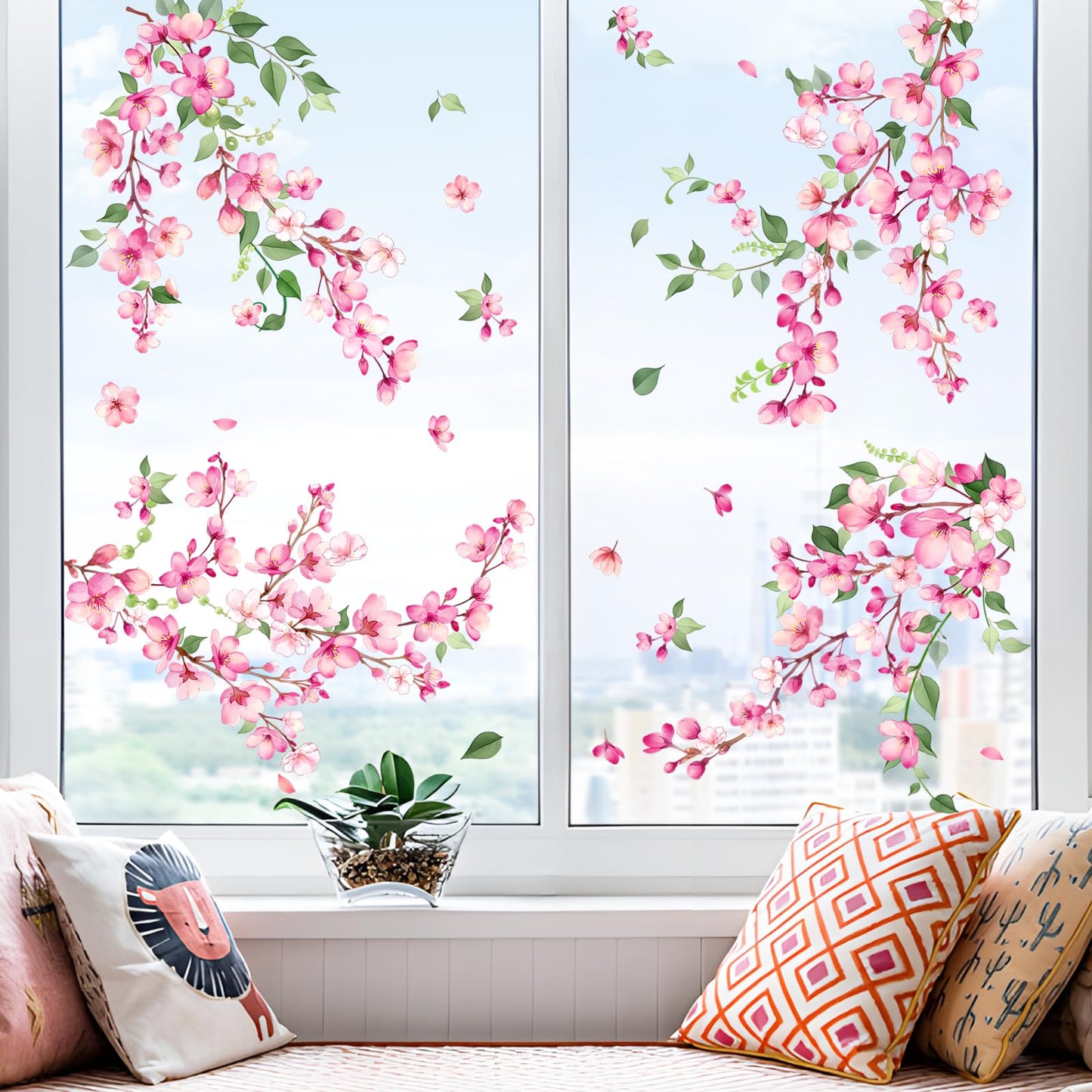 Supzone Spring Cherry Blossom Flowers Window Clings Valentine's Day Pink Hanging Flower Window Decals Anti-Collision Static Stickers for Women Girls Room Decor