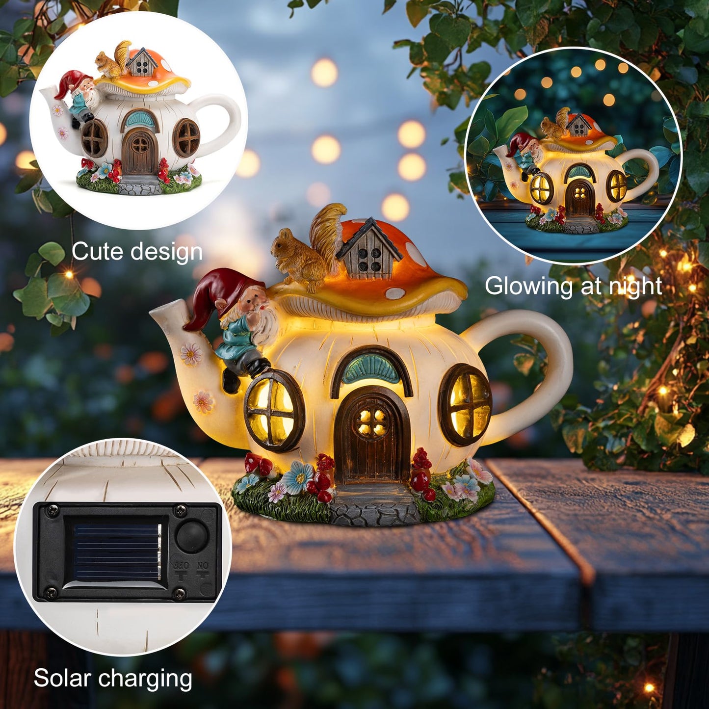 twinbling Solar Fairy House Garden Outdoor Statue with Gnome and Squirrel Figurine, Fairy Garden Accessories for Patio, Lawn, Yard & Balcony, Gifts for Mom Grandma