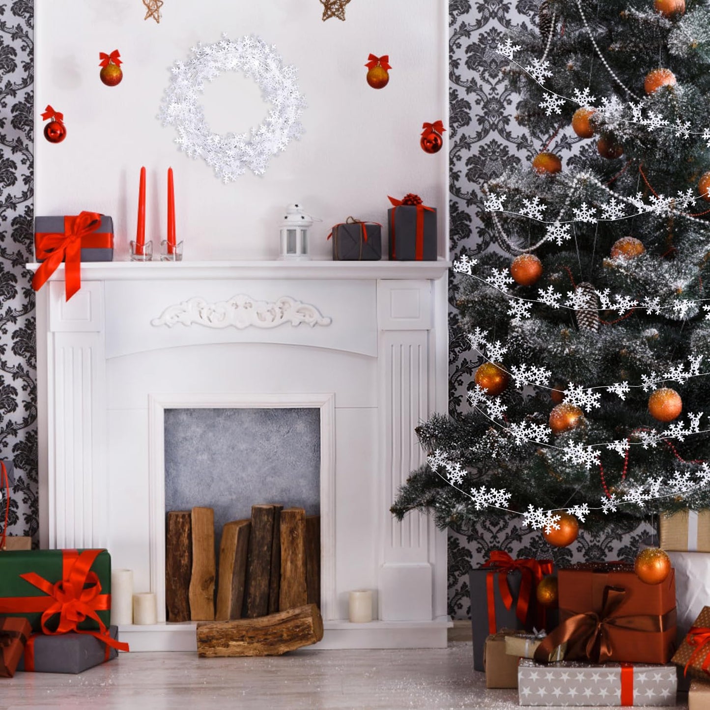 CCINEE 75 Feet Snowflake Wire Garland for Christmas Decoration, White Wired Tinsel Garlands for Xmas Tree Wreath Craft Birthday Winter Wonderland Party Ornaments 3 Roll