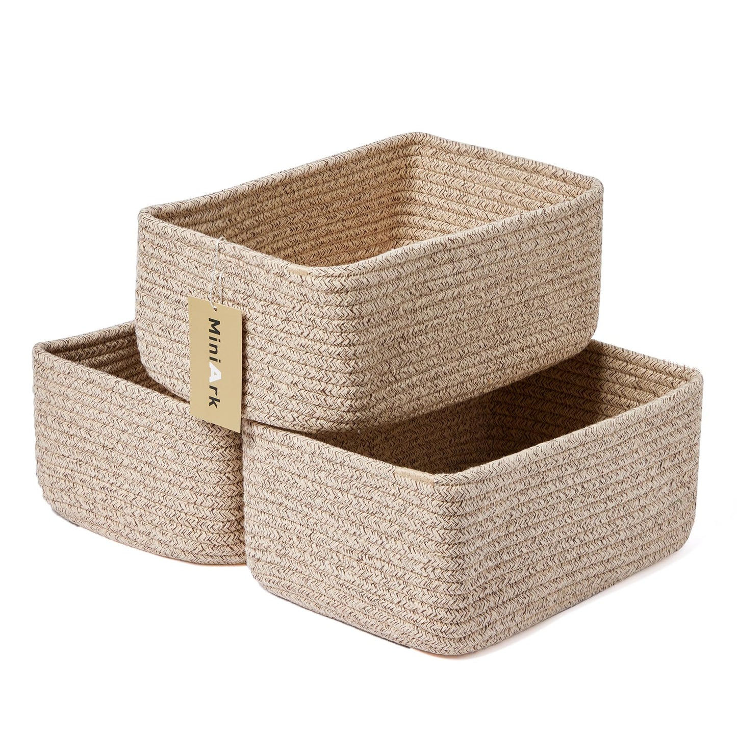 MiniArk Small Storage Baskets for Organizing | Closet Organizer Bins | Shelf Toy Basket | Woven Rope Baskets | Cube Decorative Box | Shallow Basket | L11.5xW7.5xH4.7| Brown