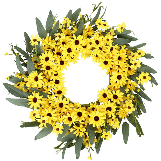 JINGHONG Yellow Spring Wreath 22 Inch Summer Wreath with Sunflower and Daisy Flower Wreaths for Front Door Window Wall Decoration and Indoor Outdoor Decor