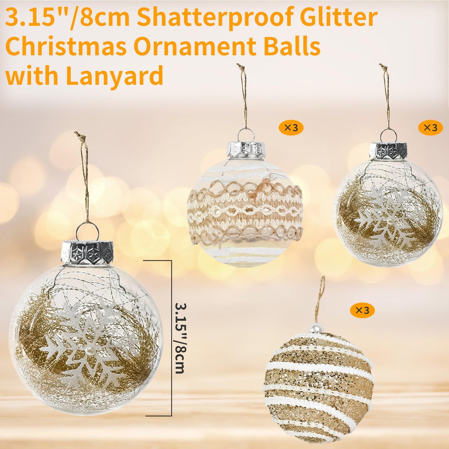 MuRealy Champagne Ornament Set - 9 PCS 3.15 Inch Shatterproof Glitter Hanging Balls - Plastic Decor Balls for Holiday Party, Christmas Tree (8cm)