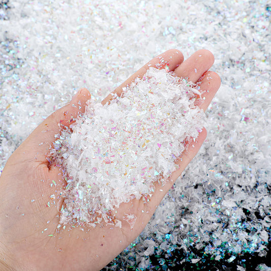 Hungdao Fake Snow Decoration Iridescent Faux Snow for Crafts Glitter Twinkles Snowflakes Powder Filler Sparkly Colorful Artificial Snowflakes for DIY Crafts Village Globe, 3.8 Ounce