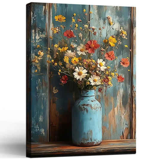 Framed Oil Painting Style Print Antique Metal Vase Wildflowers Pattern Background Rustic Vintage Floral Art Farmhouse Decor Rustic Wall Art Floral Mural Home Decor Gallery Poster 12x16 Inch