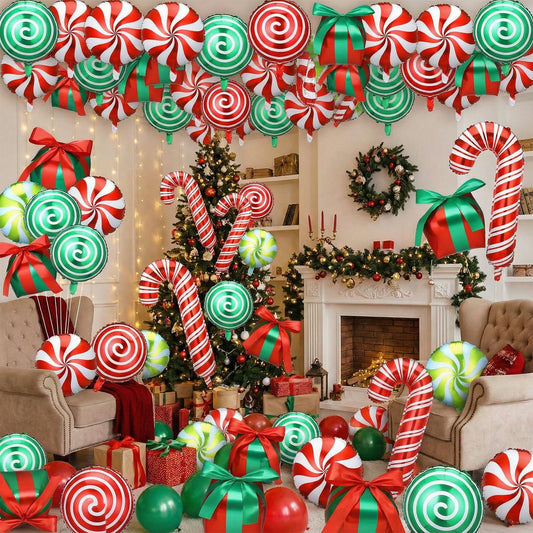 Arrowbash 72 Pcs Christmas Balloons Decorations Set Candy Cane Gift Box Foil Balloons Set Red and Green Lollipop Decorations for Christmas Xmas Theme Birthday Holiday Party