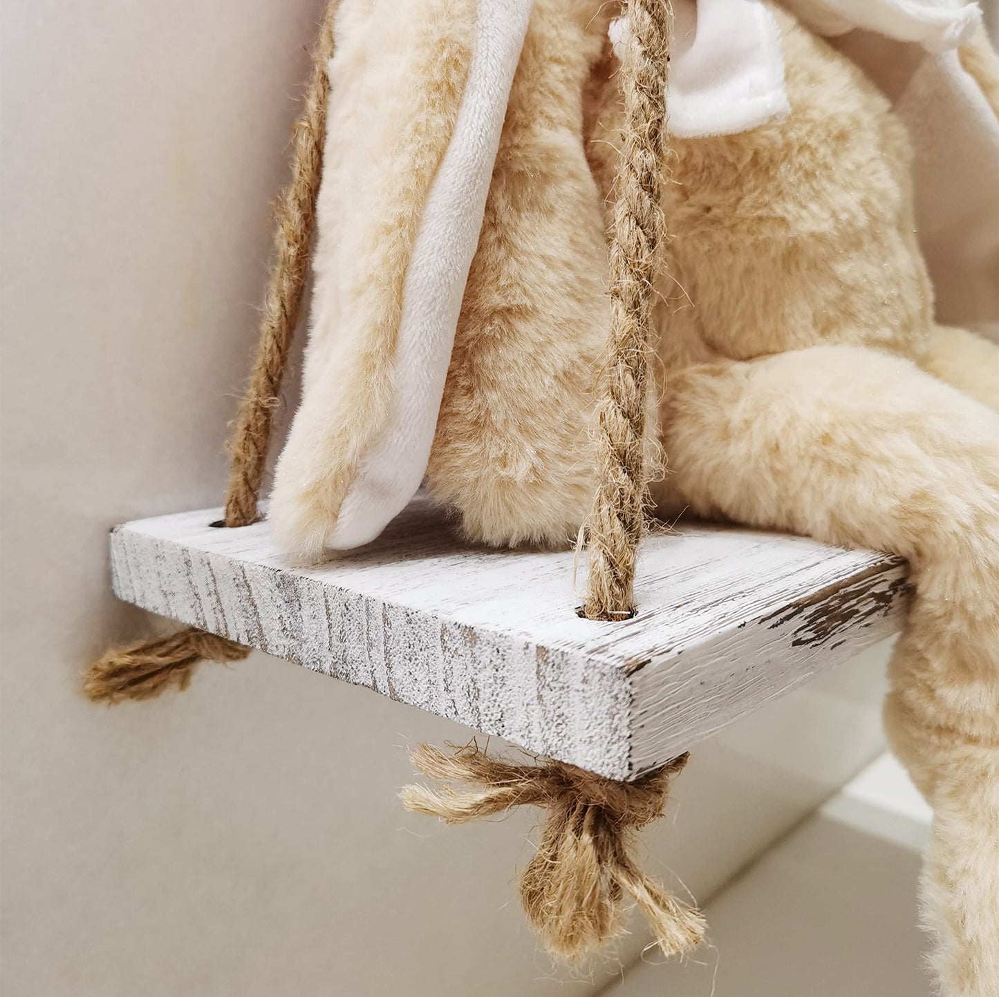 HoreZer 2-Piece Rustic White Wood Shelf Set, Hanging Floating Shelves with 4 Hooks and Ropes, Modern Style for Kitchen, Bathroom, Living Room