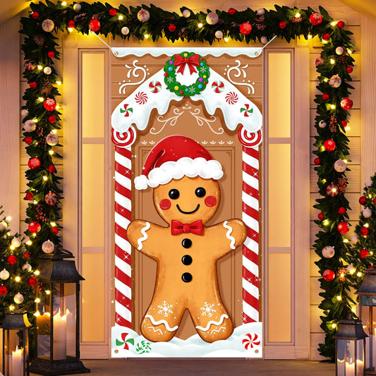 Christmas Gingerbread Door Cover Decorations, Gingerbread Man Front Door Cover Banner Decor, Fabric Backdrop Photo Booth Props for Indoor Porch Winter Holiday Home Xmas Party Supplies (72" x 35")