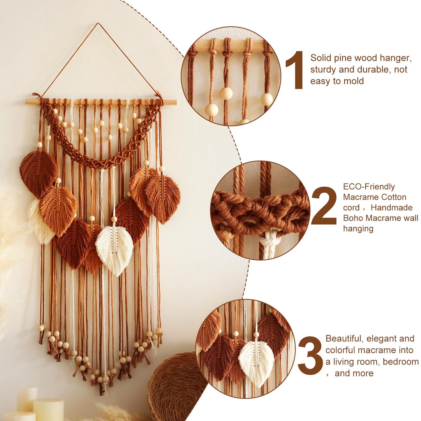 Artilady Macrame Wall Hanging -Handmade Leaf Wall Tapestry,Boho Decorations for Bedroom Living Room Bathroom,Earthy Room Decor Aesthetic,Wedding Birthday for Women Girls