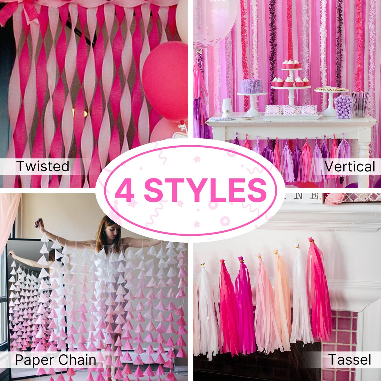 PartyWoo Pink Crepe Paper Streamers 6pcs 492ft Pack of Light Baby Pastel Hot Pink Crepe Paper Streamers for Birthday Gender Reveal Baby Shower Graduation Wedding Bachelorette Party Decorations