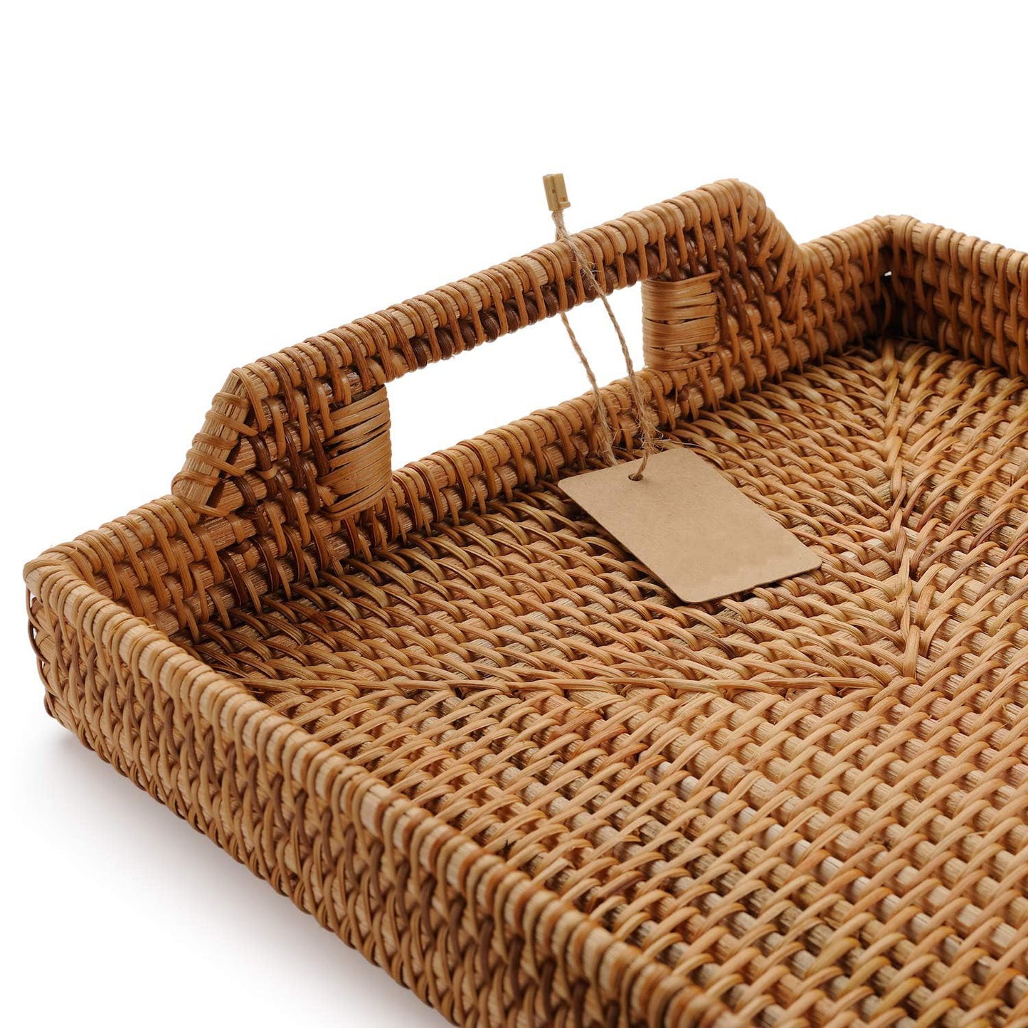Hand-Woven Rattan Rectangular Serving Tray with Handles for Breakfast, Drinks, Snack for Coffee Table (14.5x10.2x1.4inches)