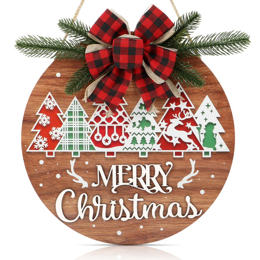 HOURIA 3D Merry Christmas Door Decorations, Pine Tree Christmas Sign for Wreaths,Xmas Holiday Welcome Wooden Plaque,Outdoor Indoor Christmas Decorations for Home,Party,12X12inches