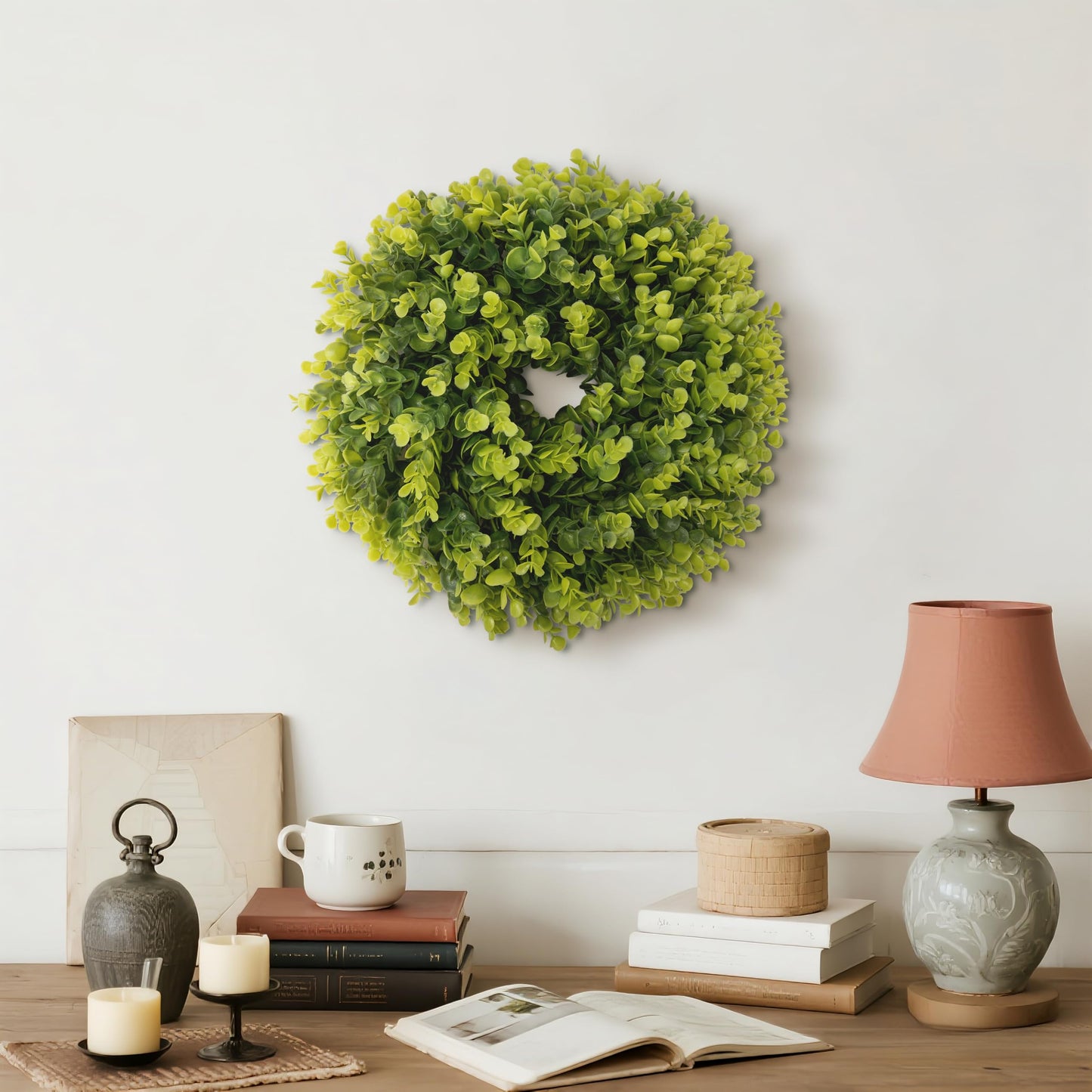 IPLNTS Summer Wreaths for Front Door 15" Artificial Boxwood Wreath Spring Door Wreath for Farmhouse Wedding Festival All Season Home Decor