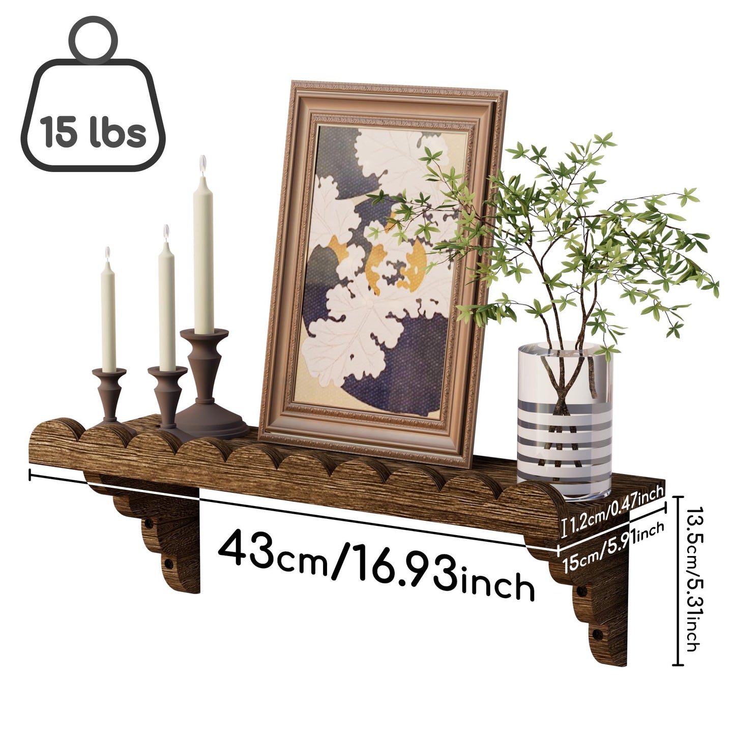 QsQueen Scalloped Wood Wall Shelf – 17 Inch Floating Shelf with Wood Brackets, Easy to Install Rustic Wall Shelf for Living Room, Bedroom, Bathroom, or Any Space