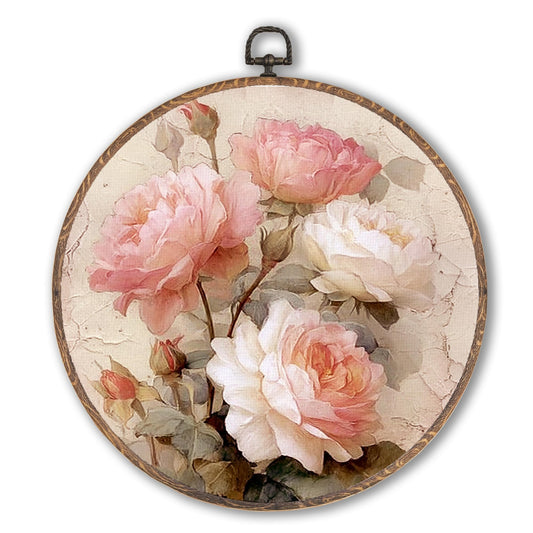 Hxlac Vintage Pink Rose Round Wall Art Framed, Vintage Floral Wall Decor, Shabby Chic Rose Hanging Canvas Prints Wall Sculptures for Farmhouse Home Living Room Bedroom Decor, 10x10 Inch