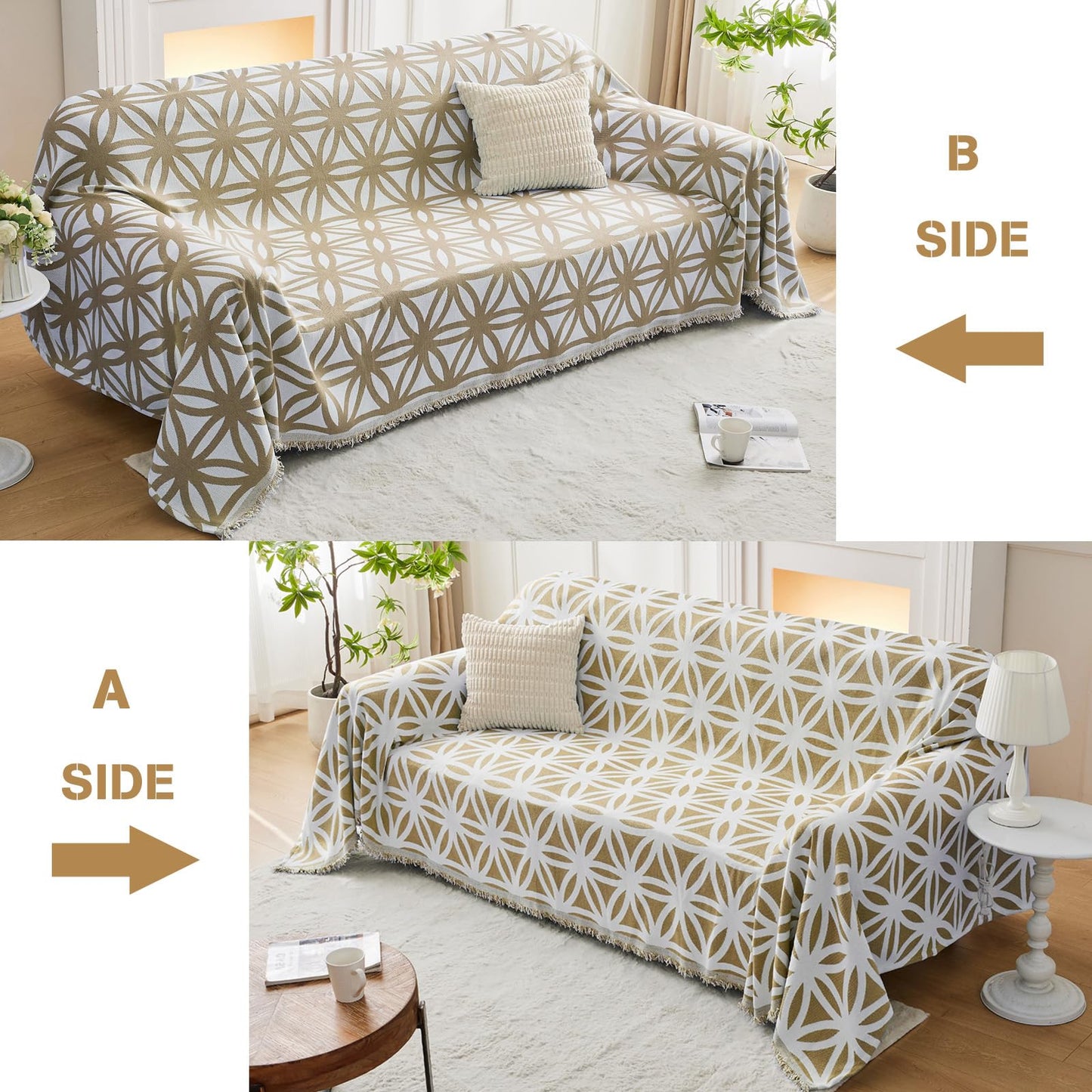 LOMAO Couch Cover Sofa Covers for 3 Cushion Sectional Couch Covers L Shape Couch Cover with Tassel Sofa Protector Washable Reversible Chenille Sofa Slipcover for Pet (1-Khaki,Large(71 * 118))