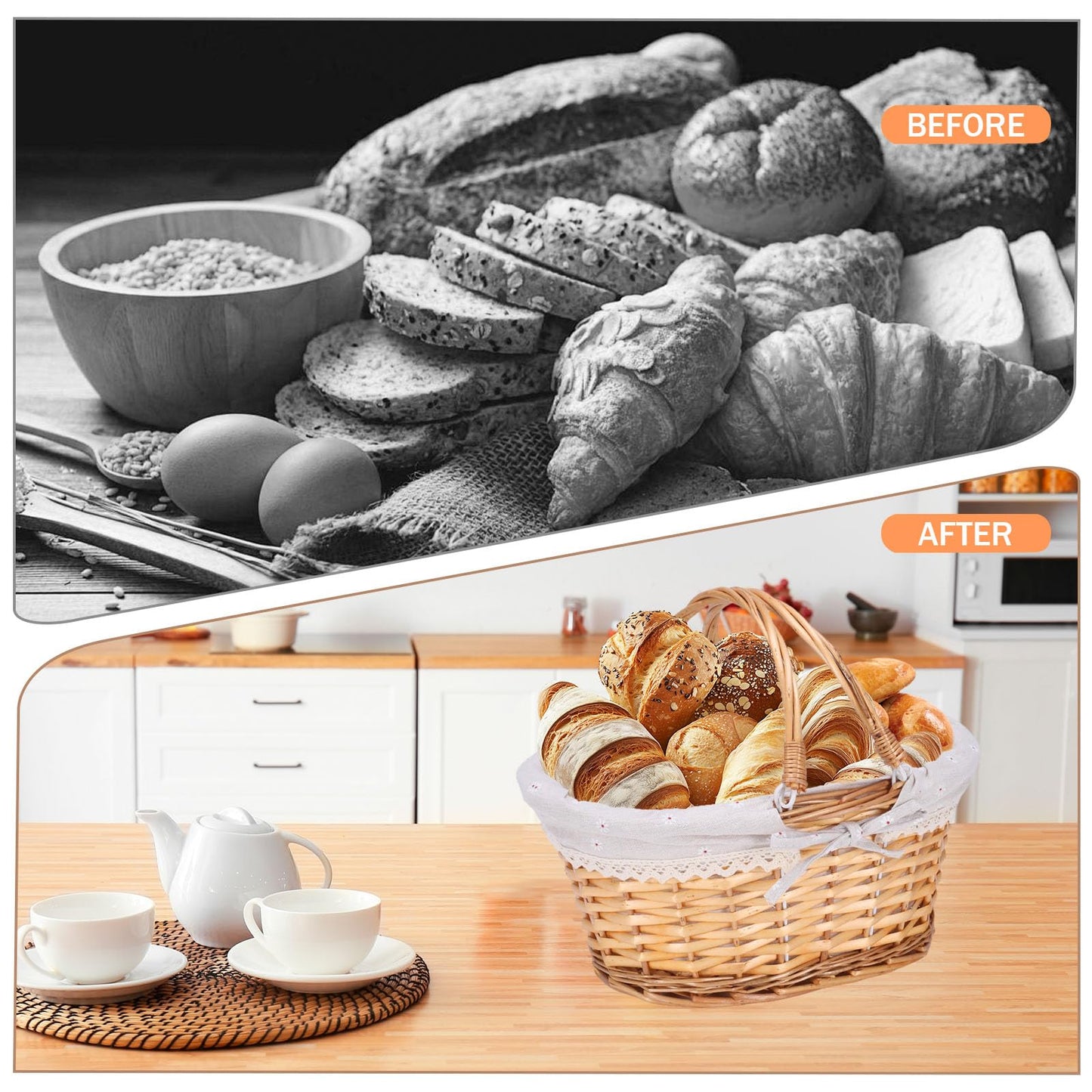 Large Handwoven Wicker Bread Basket with Handles,Bread Baskets for Serving Sourdough Proofing with Removable Liner,for Kitchen Counter Bread and Fruits Vegetable Storage(14.6inch)