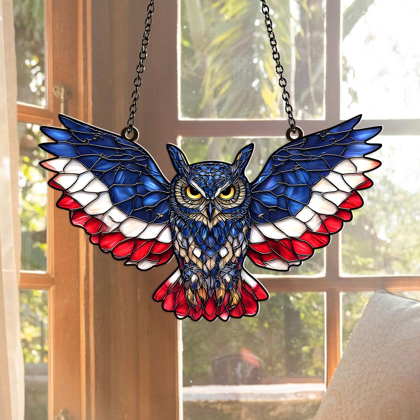 American Flag Owl Suncatcher Acrylic Suncatcher Window Hanging Ornament Patriotic Owl Decor for Home, Garden, Office 4th of July Gifts Bird Ornament for USA Lovers, Veterans, Nature Fans