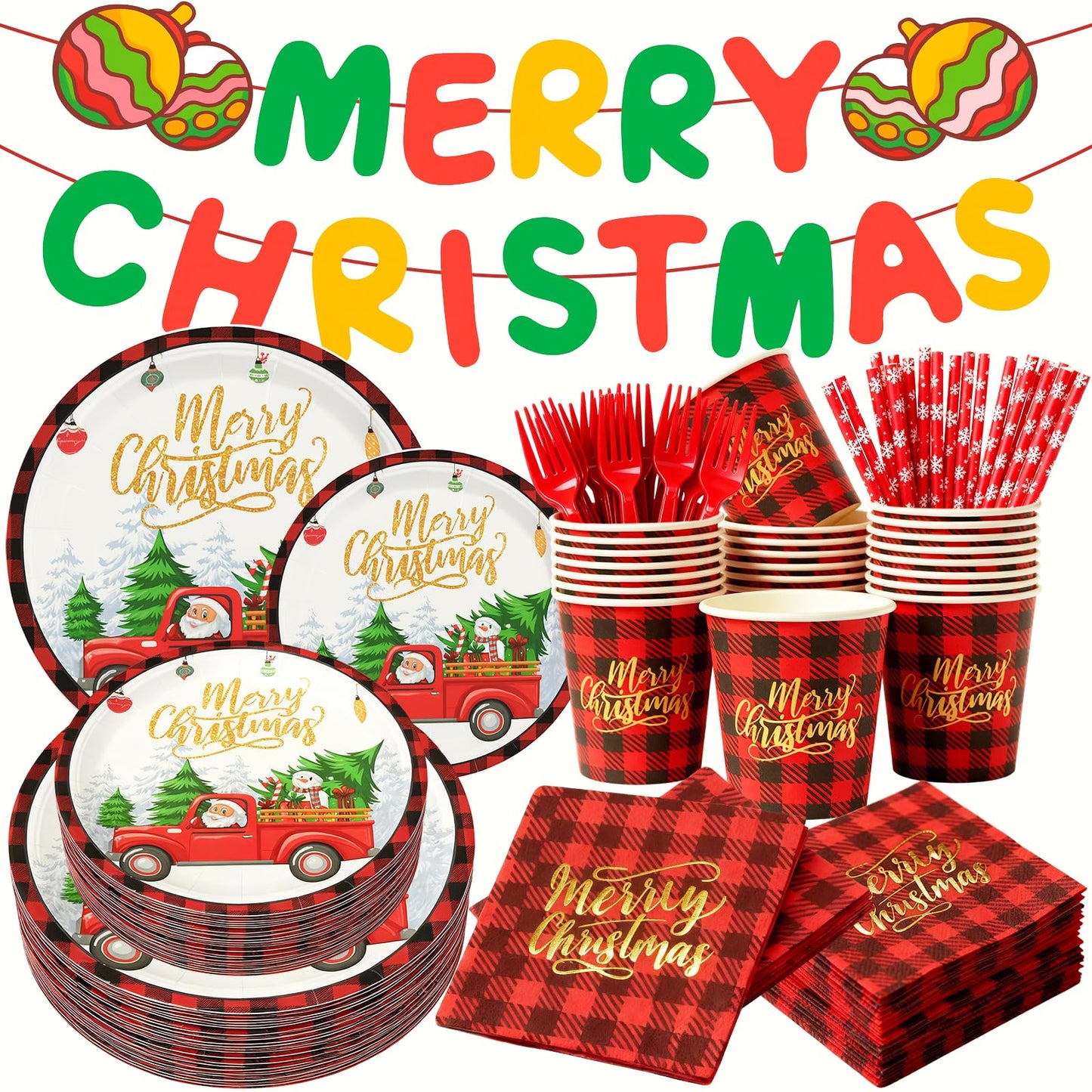 TOTOMA Christmas Party Decorations Paper Plates & Napkins 25 Guest, Disposable Plates Set, Holiday Paper Plates, Napkins, Cups with Golden Print, Santa Driving Pattern, Straws, Banner for Christmas