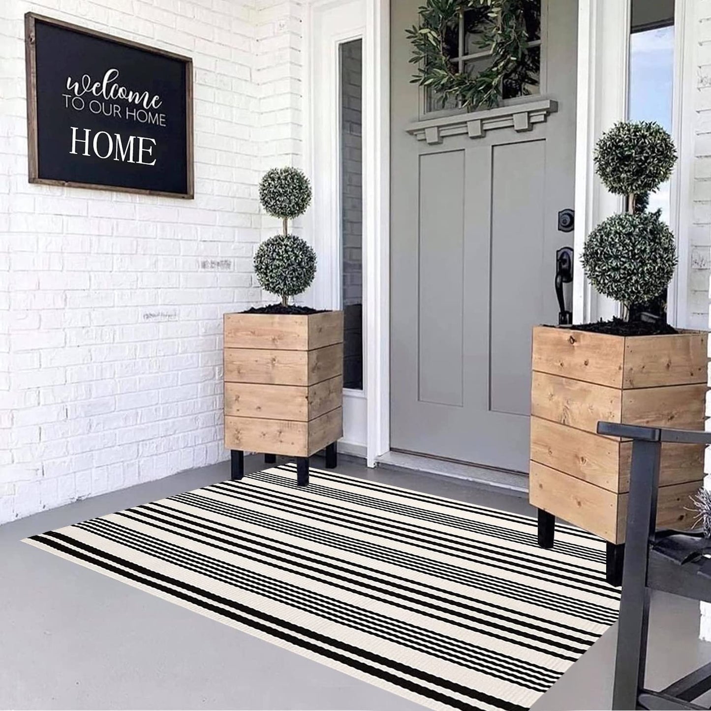 BUAGETUP Black and White Outdoor Rug 3'x 5' Cotton Woven Washable Rug Striped Front Porch Rug Area Rug Floor Mat for Farmhouse/Layered Door Mats/Living Room