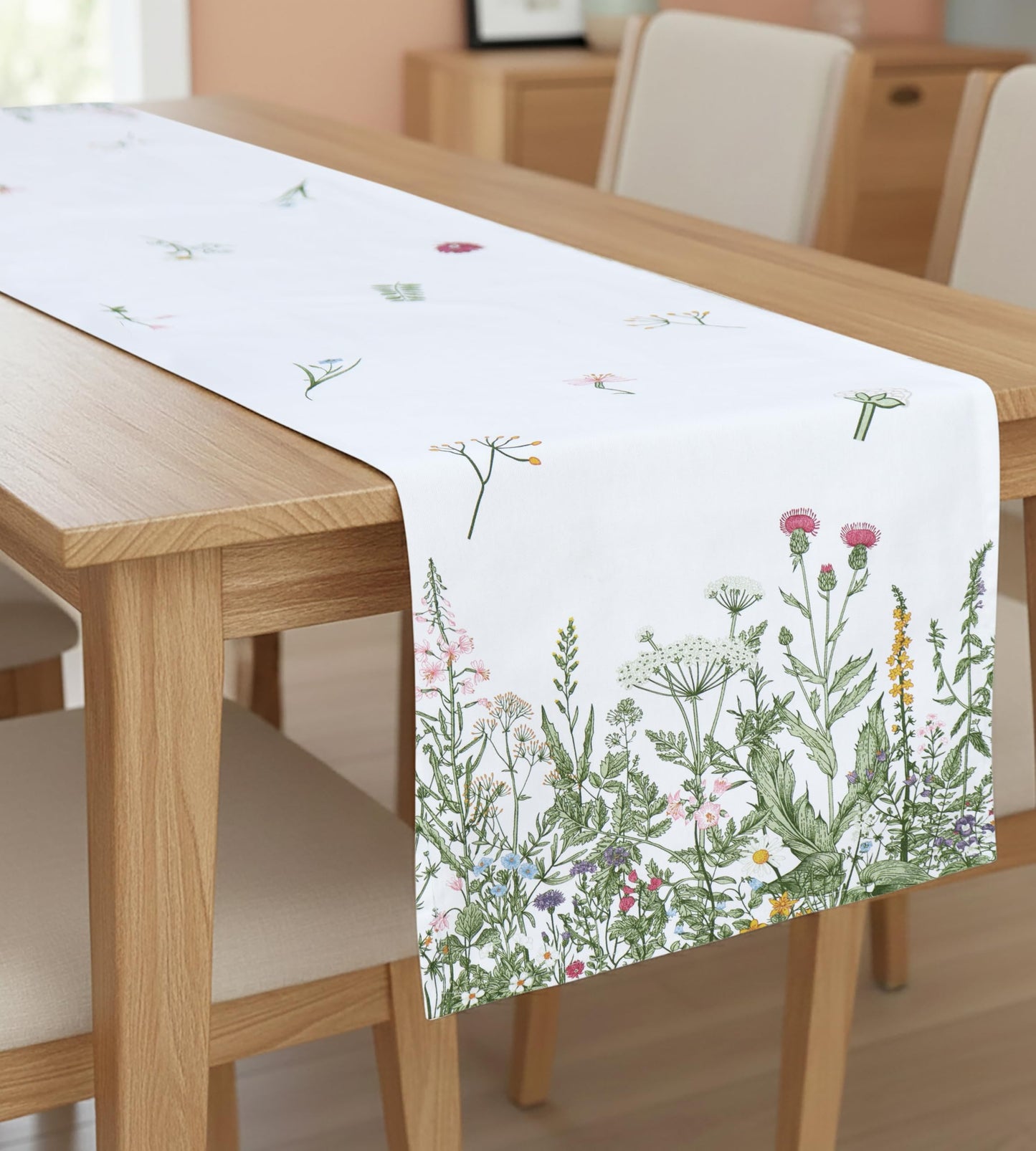 PurpleEssences Floral Table Runner - 100% Cotton - for Seasonal Formhouse Kitchen and Dining Table Decor - Spring Easter Summer - 14 x 72 Inches - Estee with Red Flowers