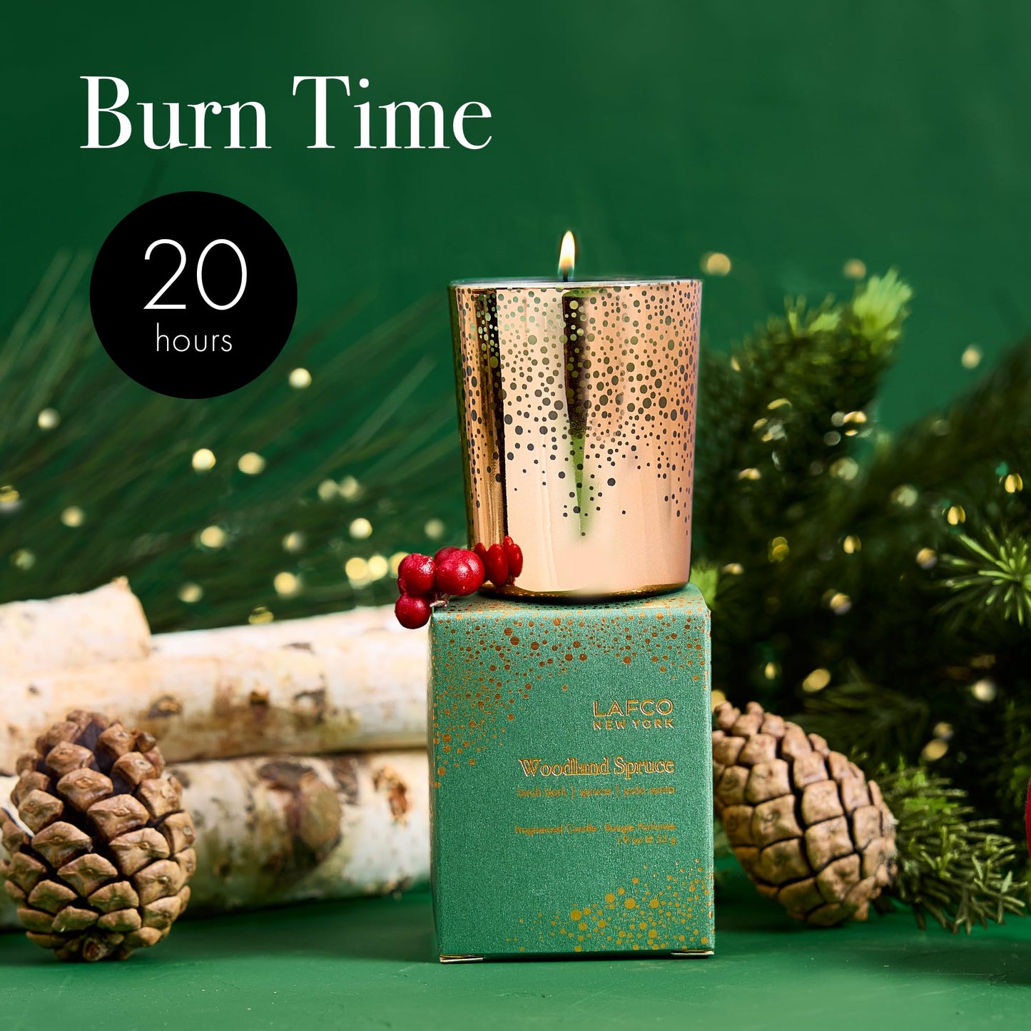 LAFCO New York Holiday Votive Candle, Woodland Spruce - 1.9 oz - 20-Hour Burn Time - Reusable, Decorative Glass Vessel - Made in The USA