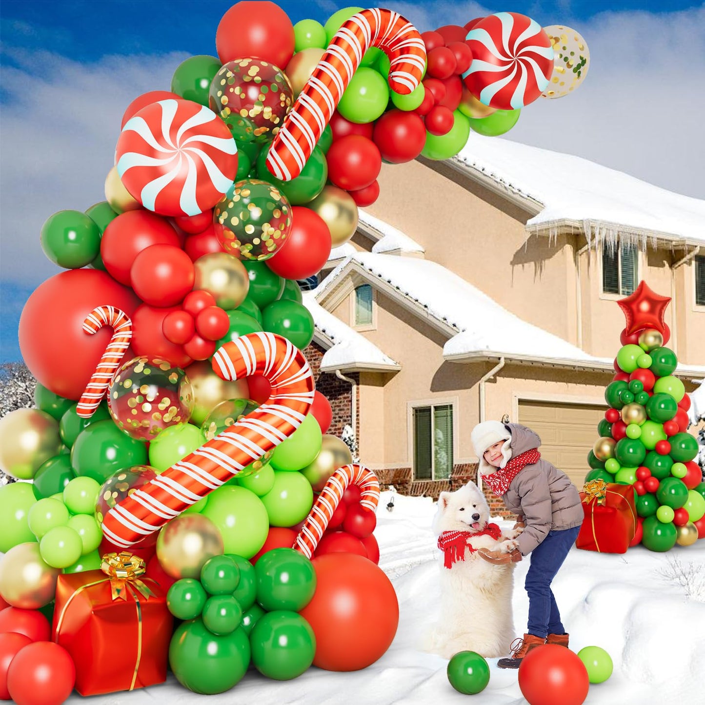 DBKL 138 Pcs Christmas Balloons Garland Arch Kit with Xmas Red Gold Green Balloons Candy Cane Gift Box Foil Balloons for Christmas Party Decorations Birthday Xmas Party Supplies