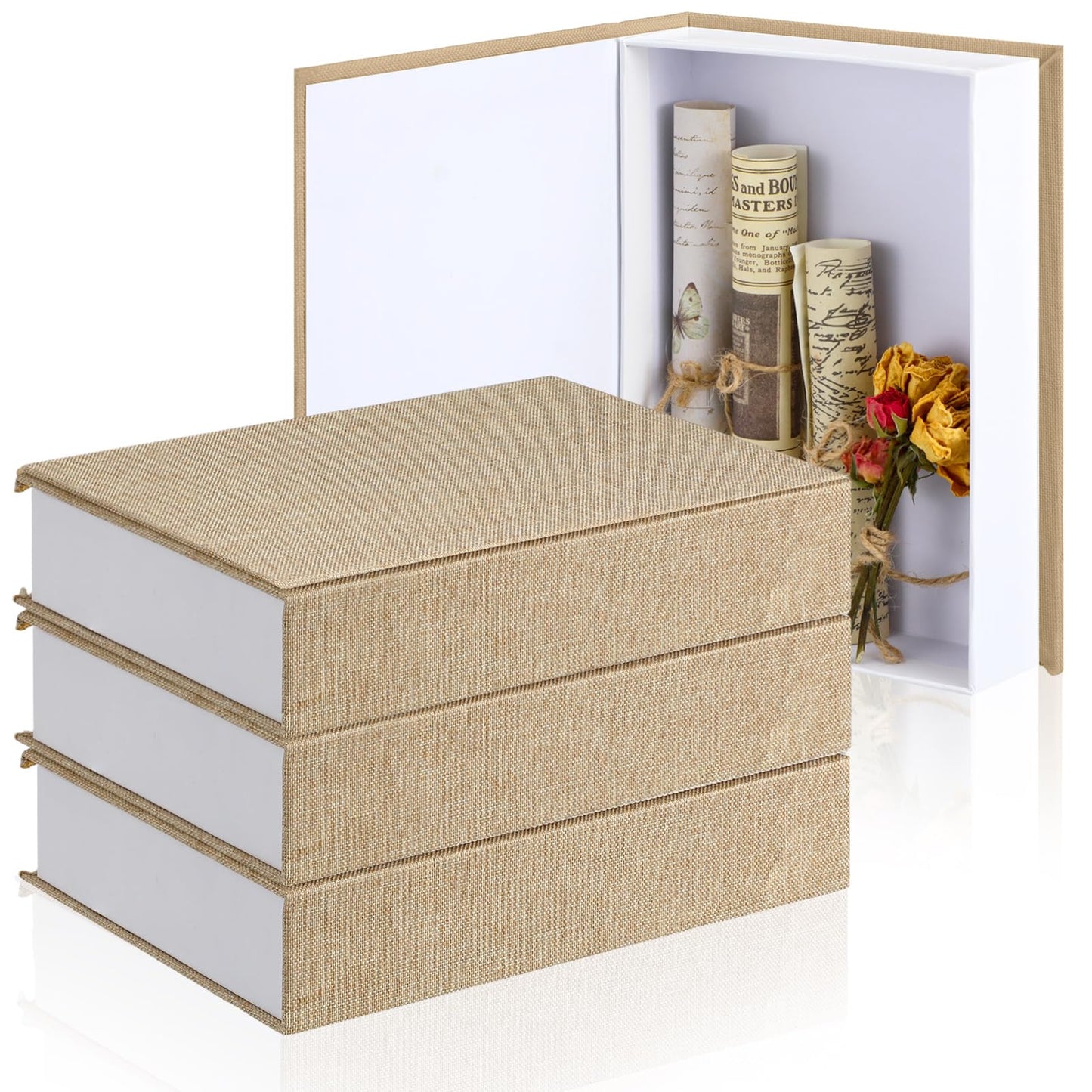 Tioncy 3 Pcs Fake Book Box Neutral Linen Book Box Decorative Faux Prop Storage for Farmhouse Home Decor shelf Table Card Photo DIY Keepsake Gift(8.6 x 6.1 x 1.8 Inch,Beige)
