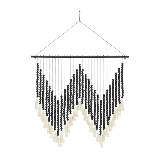 Deco 79 Wood Macrame Home Wall Decor Beaded Wall Sculpture with Fringe Tassels, Wall Art 26" x 1" x 35", Black