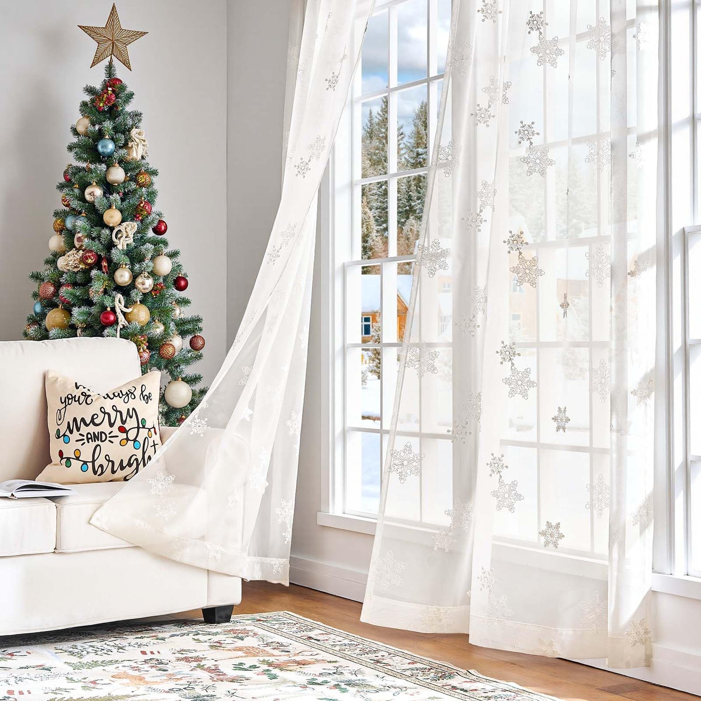 jinchan Embroidered Curtains Sheer Christmas Curtains Off White Snowflake Voile 84 Inch Length Rod Pocket Xmas Decor Winter Holiday Window Decorations Living Room Bedroom 2 Panels Set