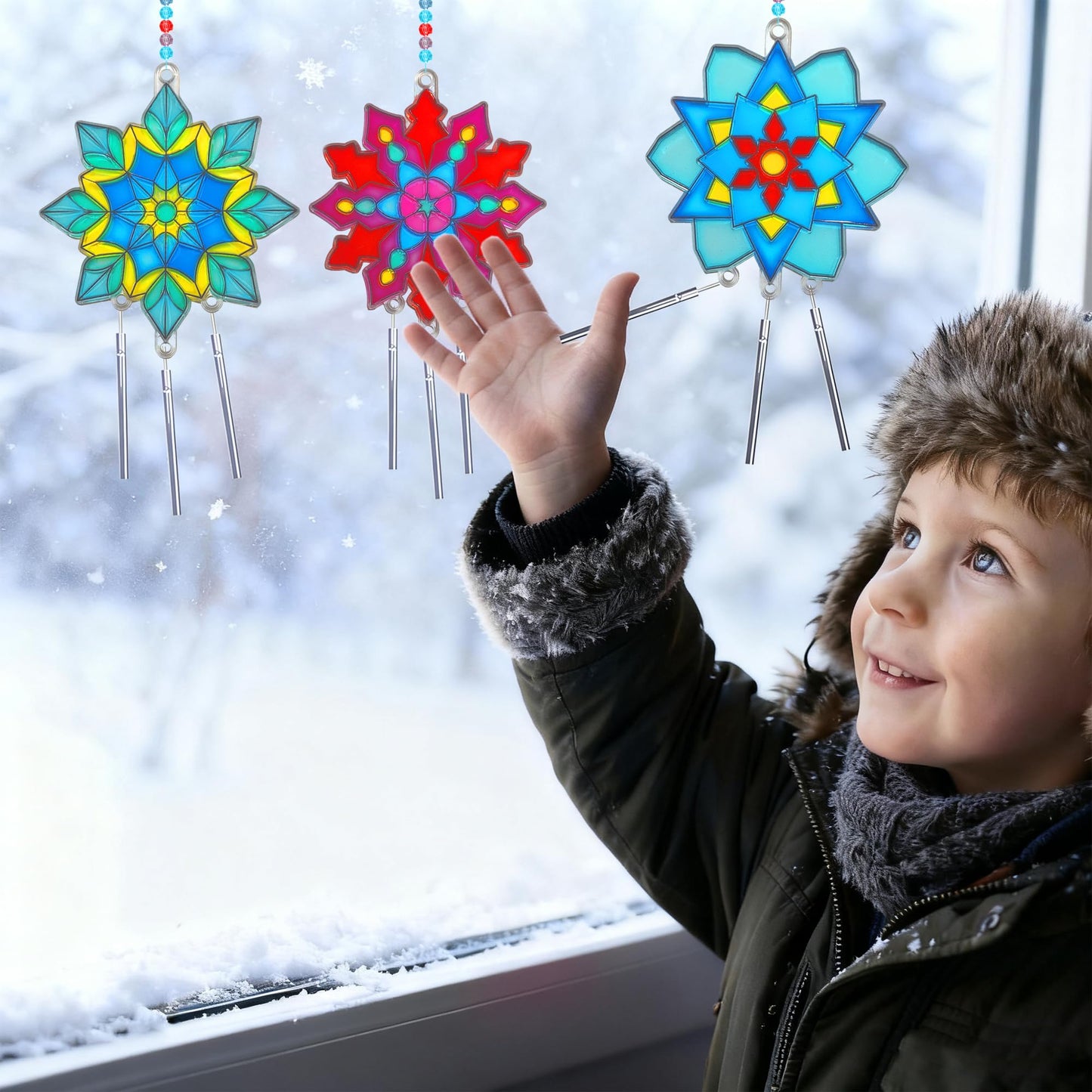 Ayhuhra 30 Sets Winter Snowflake Wind Chime Suncatchers Craft Kits DIY Window Paint Art Kit Christmas Snowflake Craft for Classroom Winter Christmas Holiday Seasonal Activities Art Project