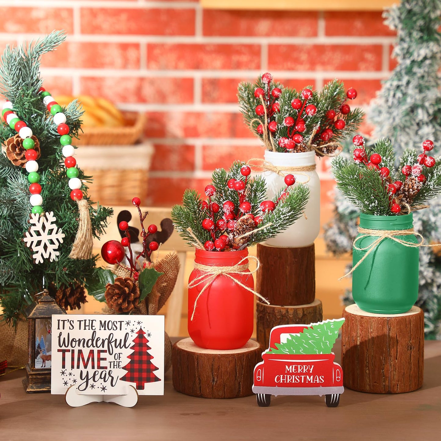 Jexine 12 Pcs Christmas Mason Jar Centerpieces Table Decor with Artificial Snow Pine Cone Red Berry Xmas Wooden Sign for Holiday Farmhouse Home Dining Table Kitchen Tiered Tray Decor