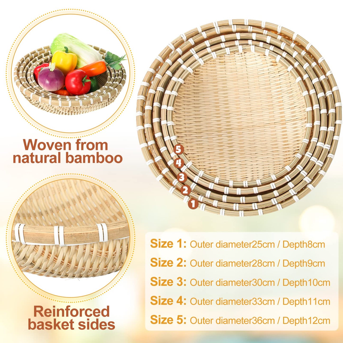 Geelin 5 Pcs Woven Bamboo Bread Basket 5 Size Wall Hanging U Shape Handmade Basket Round Wall Basket Decor for Food Vegetable Serving Kitchen Storage, 9.8 Inch, 11 Inch, 11.8 Inch, 13 Inch,14 Inch