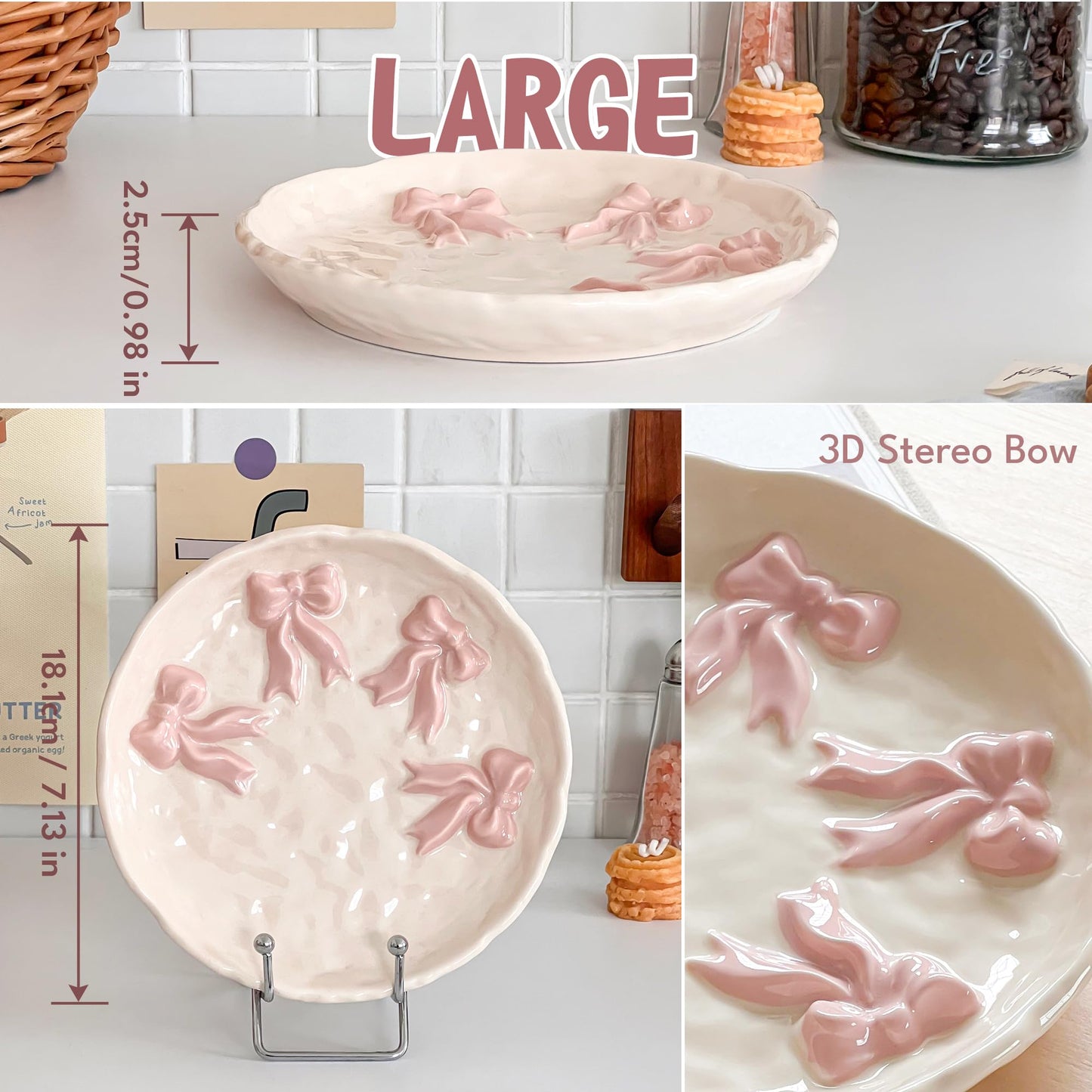 Ceramic Jewelry Tray Ring Dish Holder for Women, Trinket Plate Bowl with Pink Bow, Large Jewelry Organizer for Vanity Decor, Home Decoration for Her Mother's Day