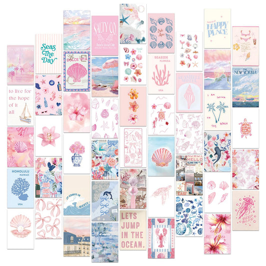 FYSUIMU 50Pcs Coastal Wall Collage Kit Pink Blue Coastal Beach Seashell Art Print Preppy Room Decor Aesthetic Pictures for Bedroom Wall Dorm Home Decor, 4 x 6 Inch