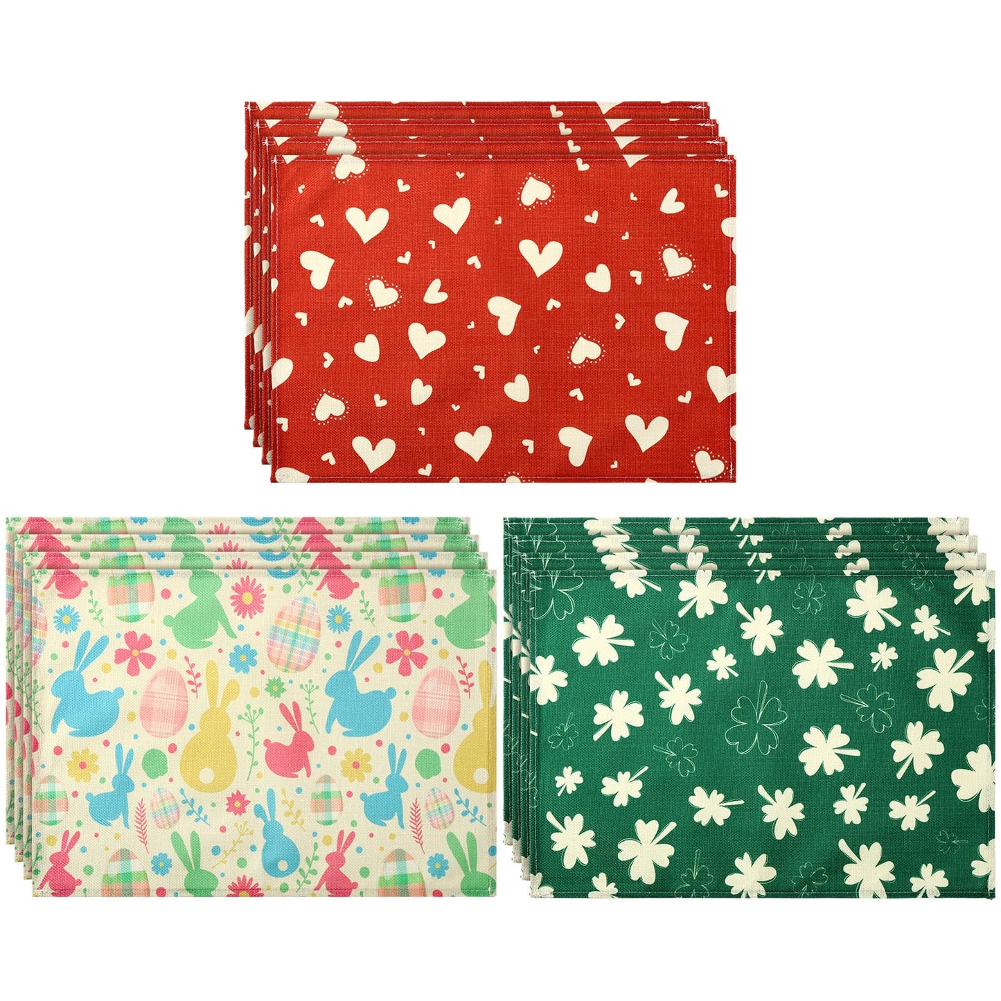 SmoothNovelty 12 Pcs Easter Rabbit Placemat St. Patrick's Day Shamrock Clover Placemats Red Heart Place Mat 18 x 12 Inch Burlap Washable Table Mats for Kitchen Dining Wedding Party(Fresh)