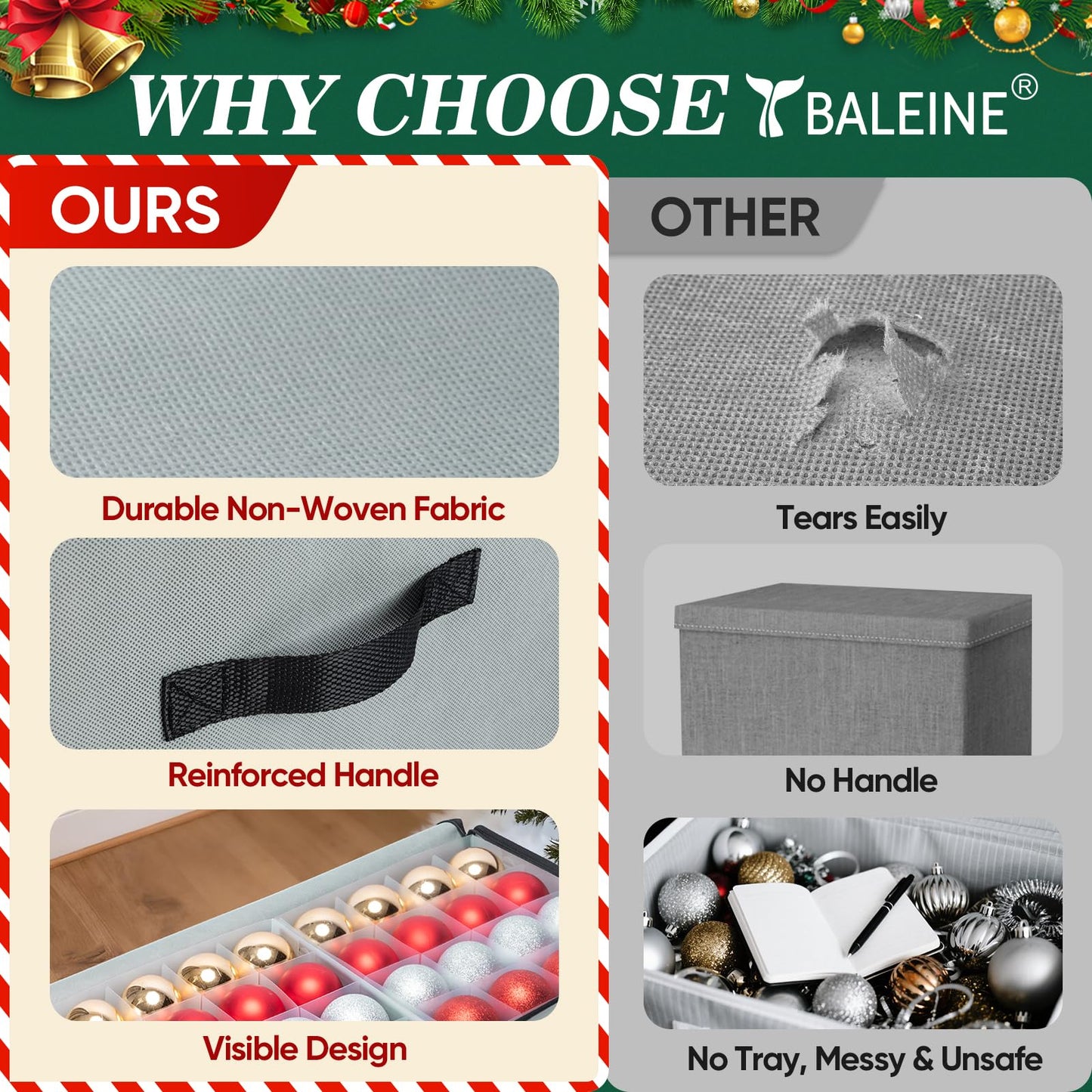 BALEINE Christmas Ornament Storage Box with Dividers, Premium Holiday Ornaments Storage Container Bin for Xmas Decorations (128 Ball, Grey, Soft)