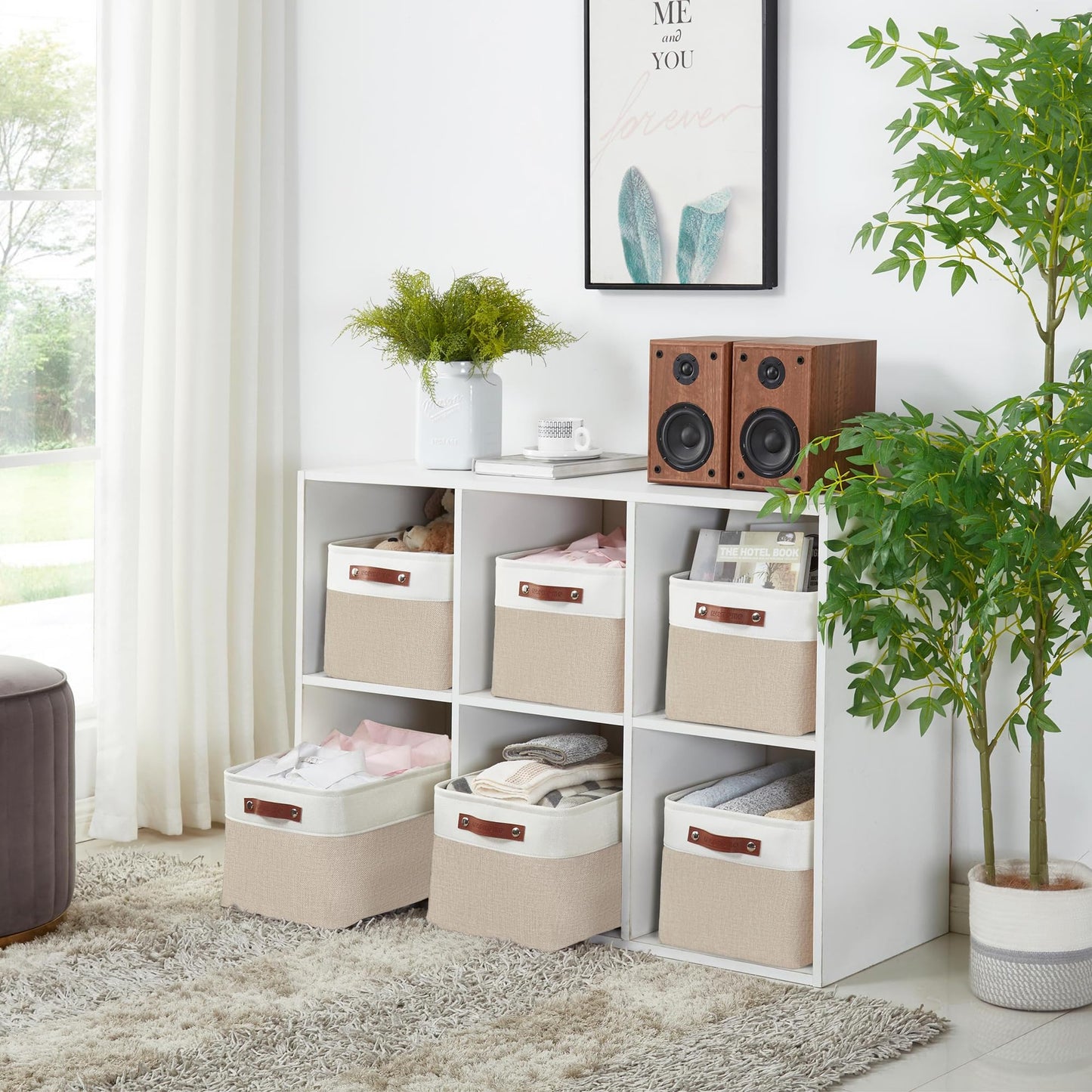 DECOMOMO Storage Baskets for Shelves - Fabric Storage Bins, Linen Closet Organizers and Storage (Beige & White, Large - 1 Pack)