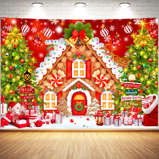 Christmas Backdrops for Photography, Gingerbread House Photo Backdrop for Wall Photoshoot, Xmas Background Holiday Party Decorations 7x5ft