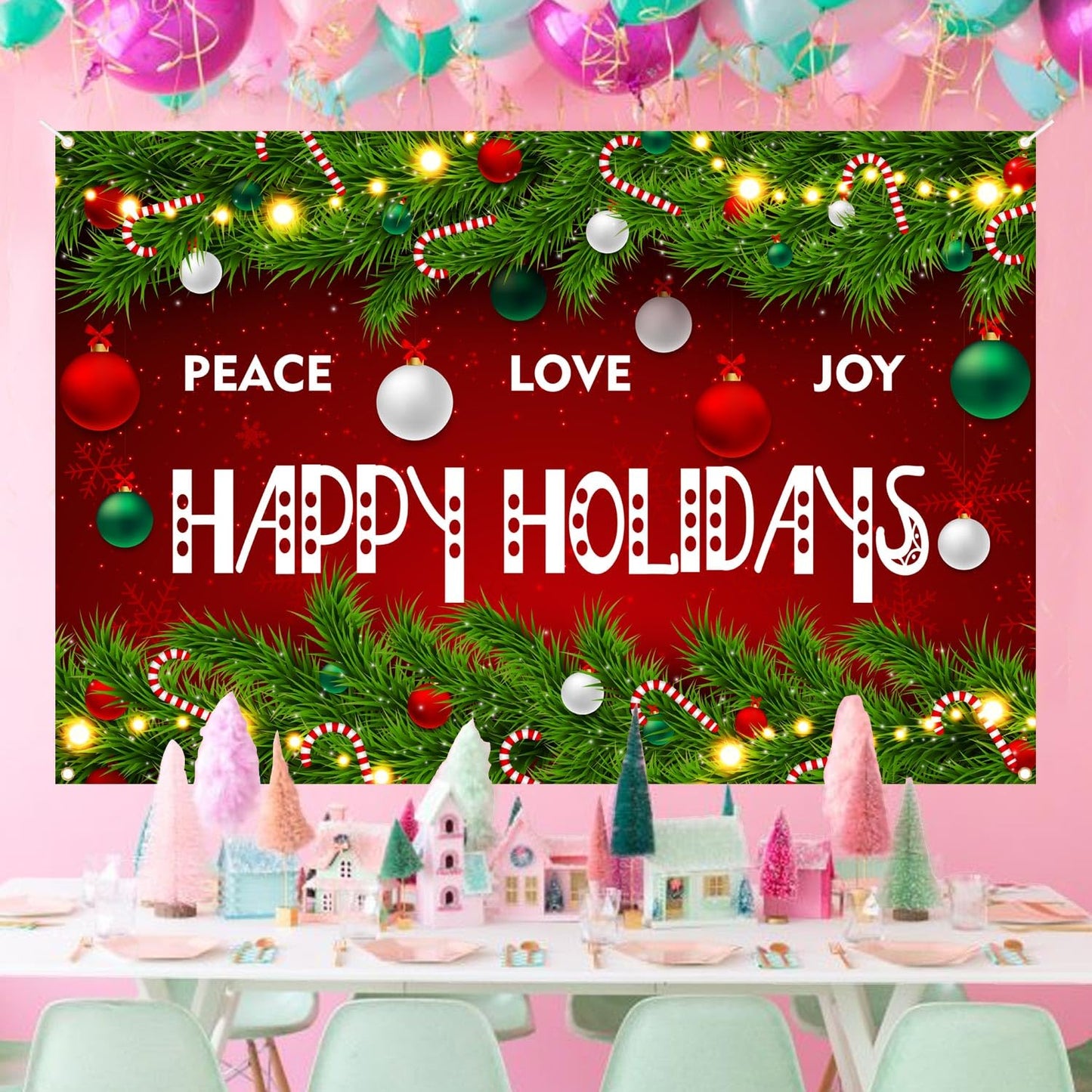Happy Holidays Celebrate Backdrop Banner Peace Love Joy Happy Holidays Wall Hanging Decor Red Glittering Xmas Winter Holiday Party Photo Photography Prop Booth Background 70.9x47.2in-BECKTEN