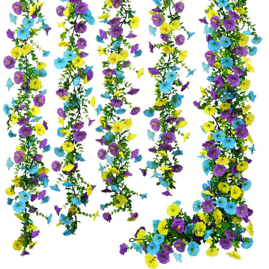 GTIDEA 6Pcs Fake Vines 36Feet Artificial Hanging Morning Glory Flower Garland Faux Vines for Outdoors for Wall Fence Indoor Wedding Decor (Blue & Yellow)