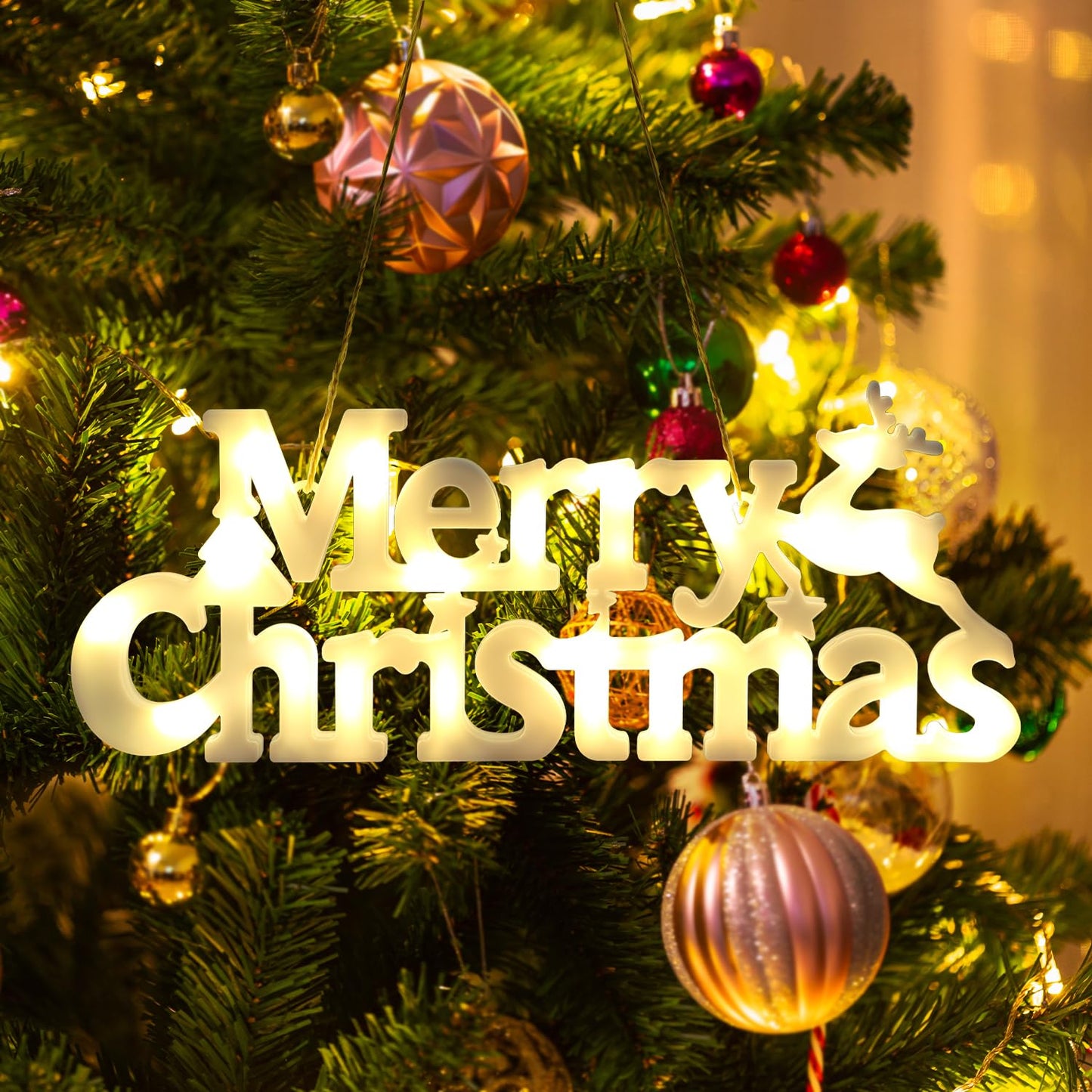 DERAYEE Merry Christmas Sign LED Hanging Ornament Light Christmas Glowing Letter Sign for Xmas Tree Wall Door Fireplace Indoor Outdoor
